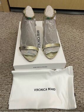 Veronica Beard Metallic Gold Snakeskin-Texture Ankle Strap Sandals